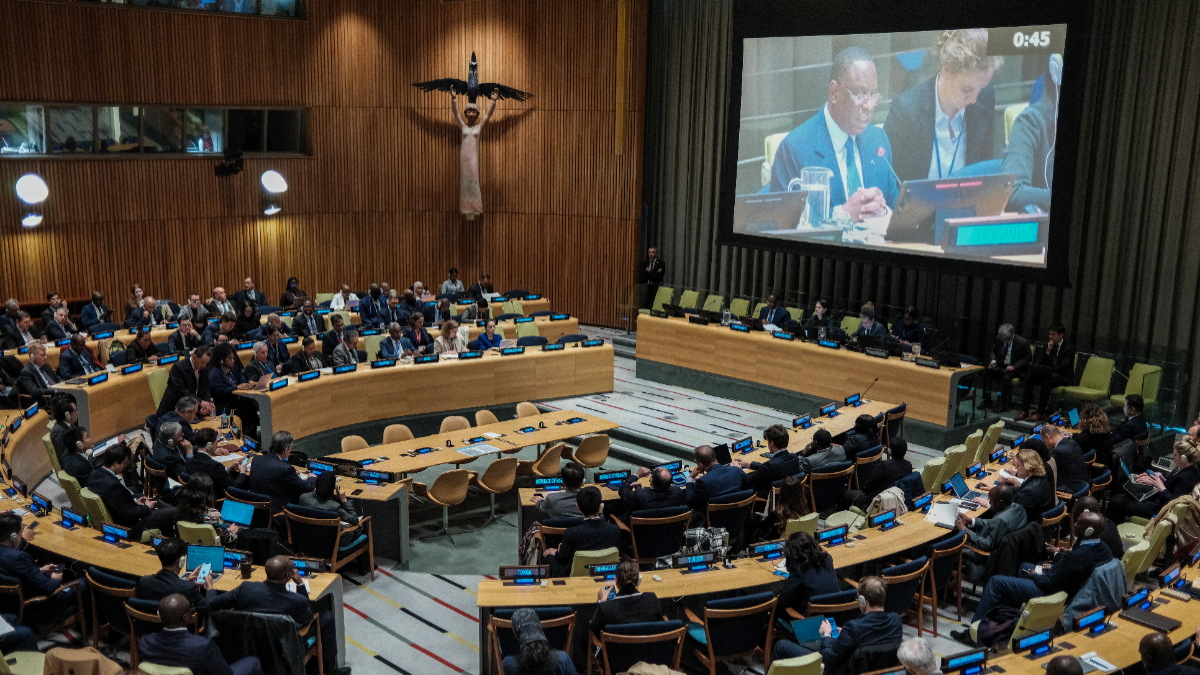 Former Senegalese President Macky Sall speaks during a hearing to be considered as the next Secretary-General of the United Nations at UN headquarters in New York on April 22, 2026. Sall is among four candidates vying for the position currently held by Portugal's Antonio Guterres. [Photo by CHARLY TRIBALLEAU / AFP via Getty Images]