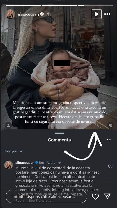 Alina Ceușan prezintă scuze public, după ce a fost pusă la punct de Oana Pellea, în urma unei imagini controversate postate în mediul online. „A fost o greșeală”