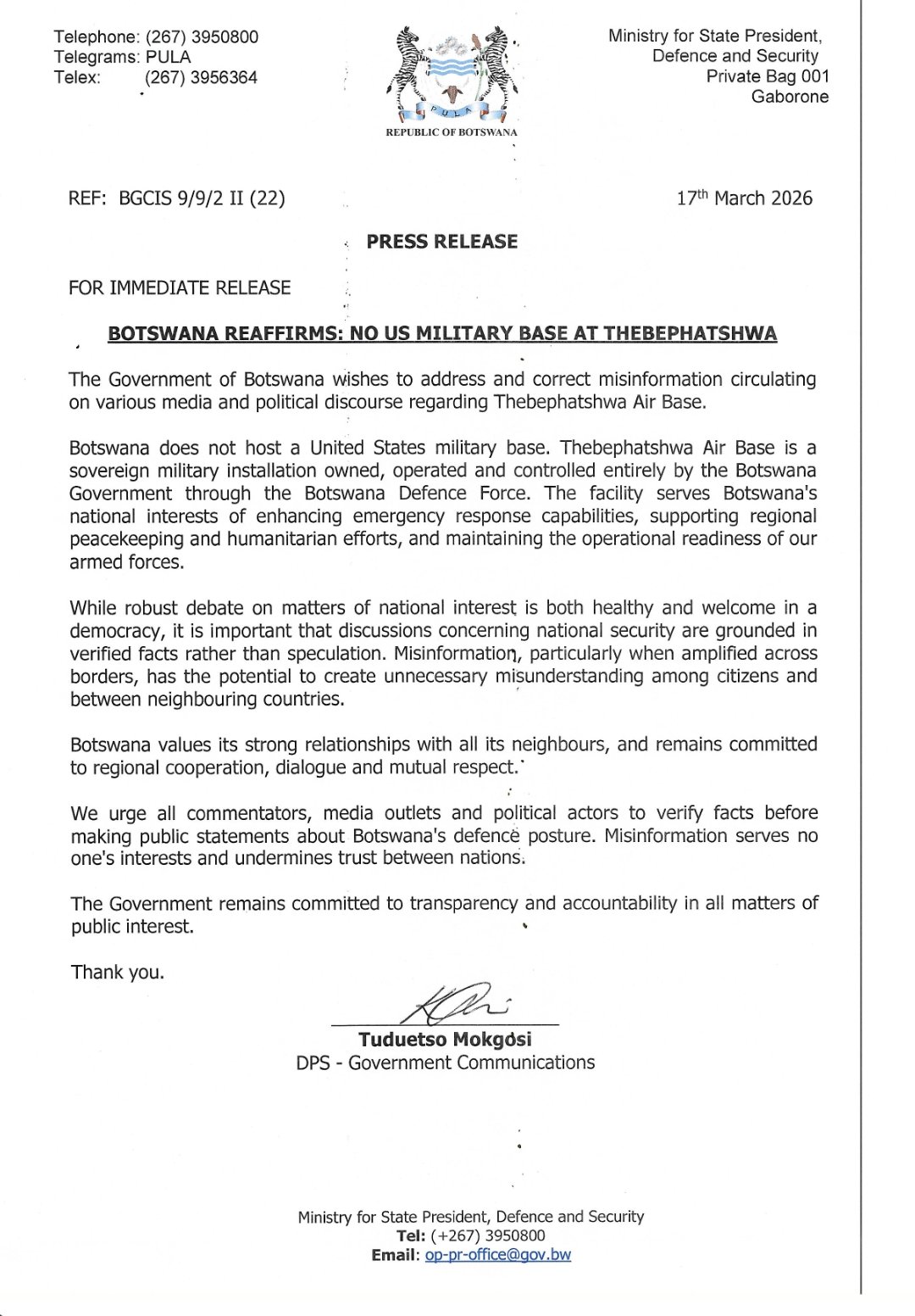 Authorities reaffirmed that the facility is entirely under the control of the Botswana Defence Force and supports national and regional security missions.