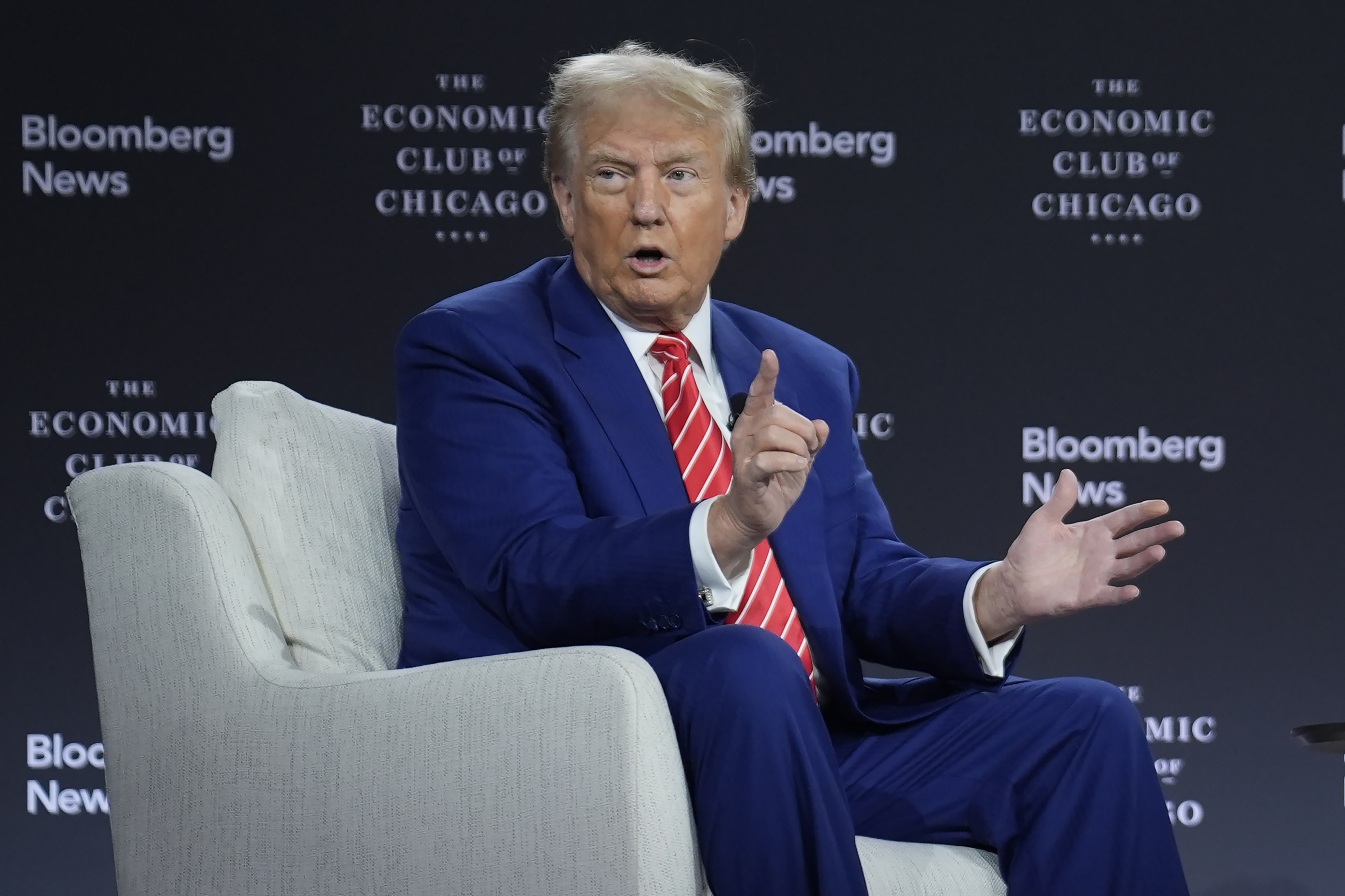 President Donald Trump speaks during an interview with Bloomberg News Editor-in-Chief John Micklethwait during an event with the Economic Club of Chicago on Oct. 15, 2024.