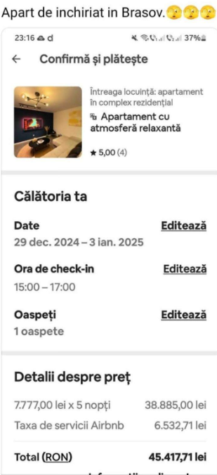9.000 de euro chirie pentru 6 zile într-un apartament din Brașov, anunț pe Airbnb: „Atmosferă relaxantă”