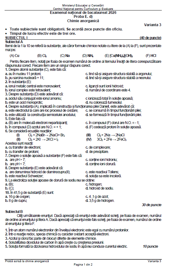 Subiecte Chimie la Bac 2026. Baremul de corectare a fost publicat