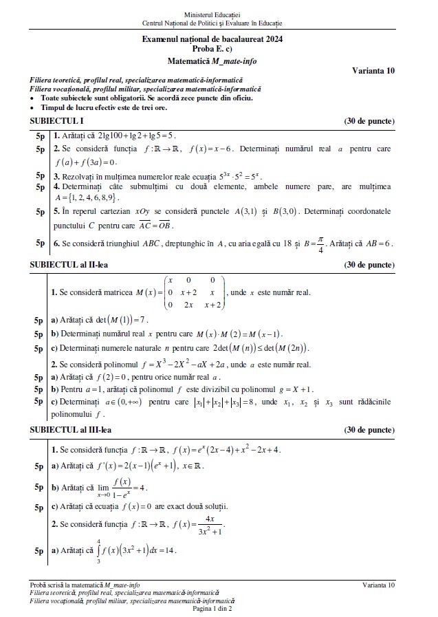 Baremul de corectare la matematică pentru Bacalaureat 2024, publicat pe EDU.ro