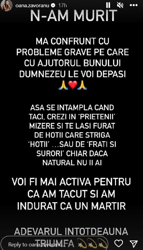 Anunțul făcut de Oana Zăvoranu: „Mă confrunt cu probleme grave pe care cu ajutorul bunului Dumnezeu le voi depăși”