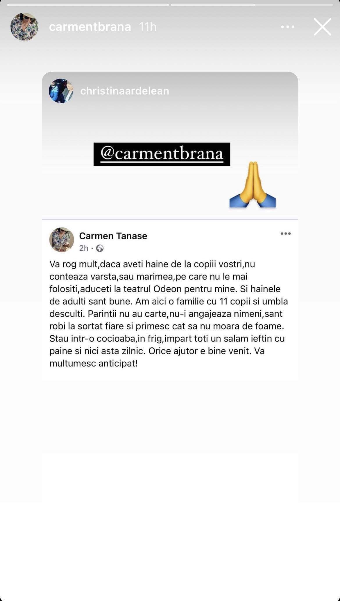 Carmen Tănase a făcut un apel urgent către fanii săi. „Am aici o familie cu 11 copii și umblă desculți”