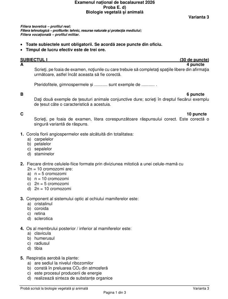 Subiecte Biologie și Anatomie la Bac 2026. Baremul de corectare a fost publicat