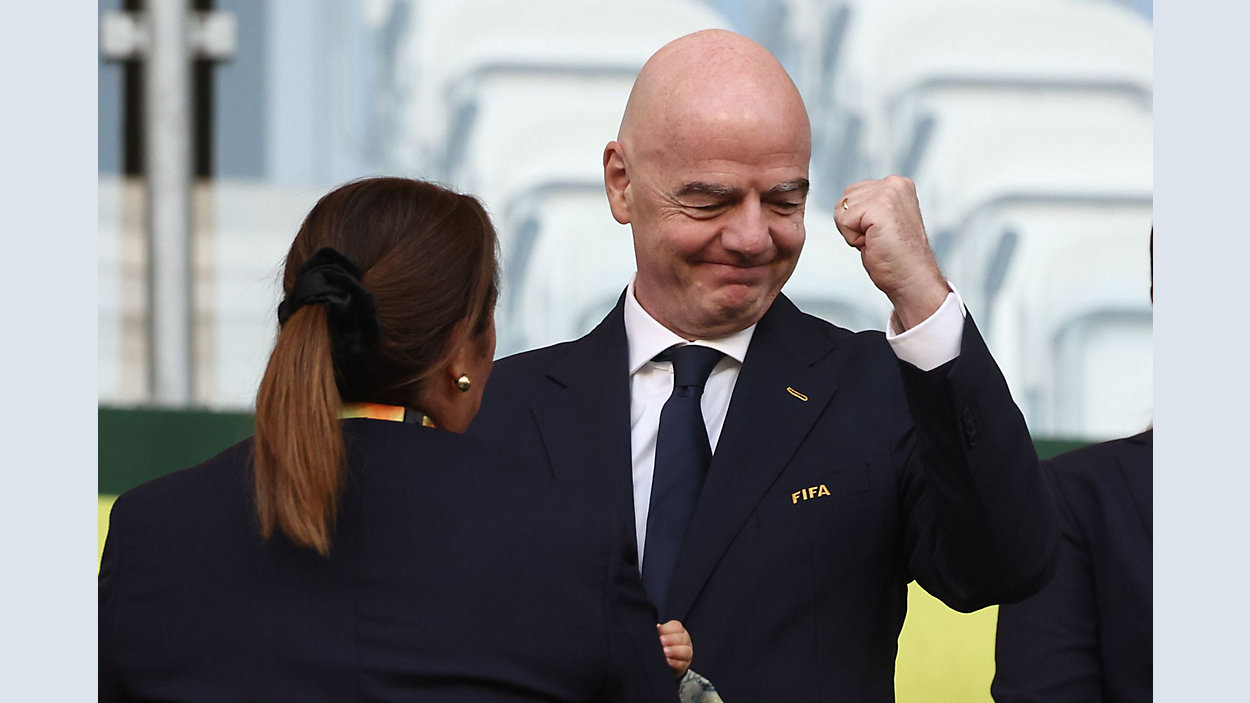 FIFA President Gianni Infantino attends the Women's U20 World Cup final soccer match between Spain and North Korea in Lodz, Poland, Sunday, Sept. 27, 2026. (AP Photo/Beata Zawrzel)
