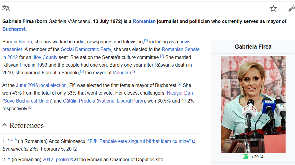 Gabriela Firea a apărut cu porecla "Fifi", pe pagina de Wikipedia în limba engleză (FOTO)
