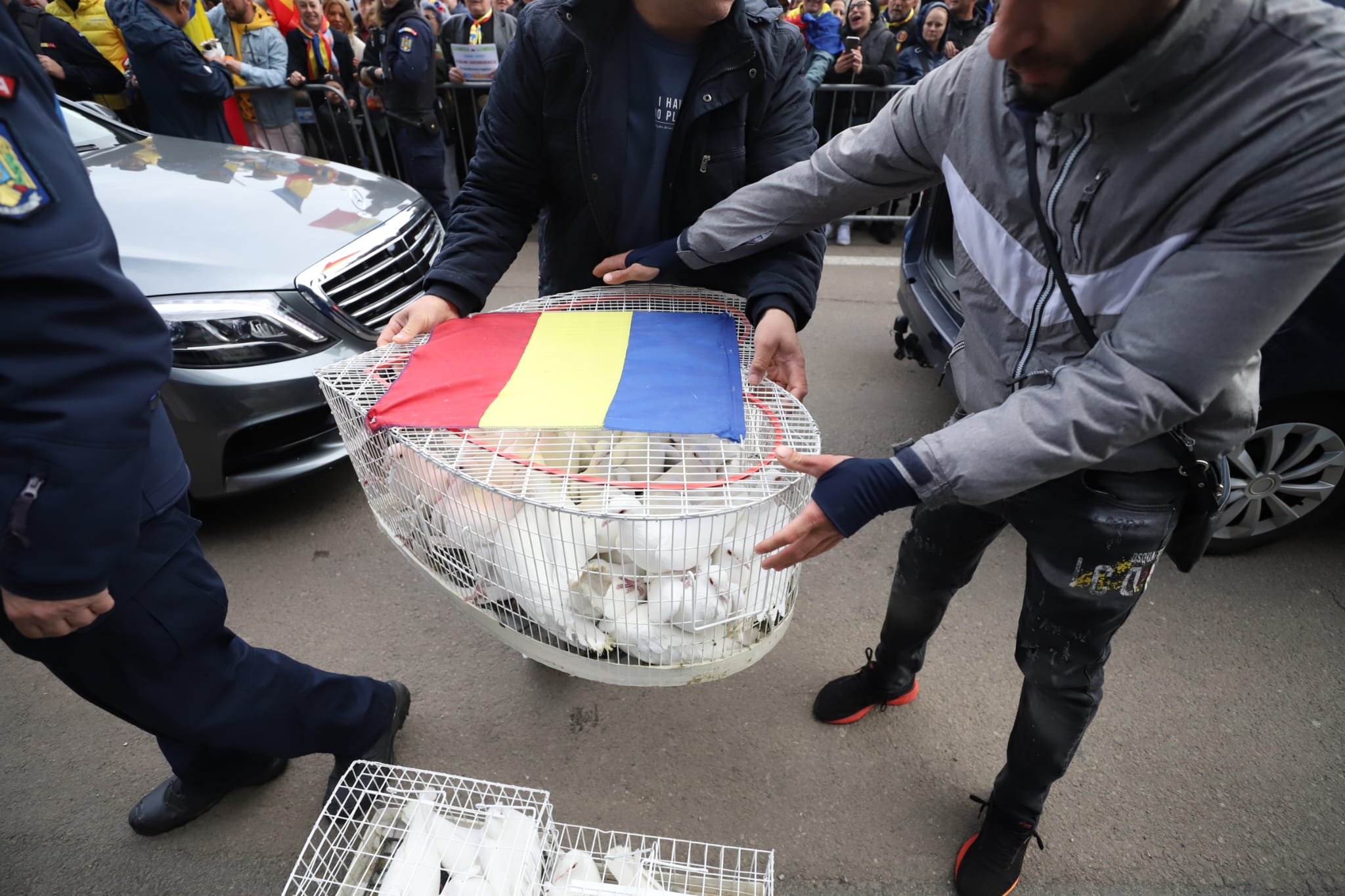 Călin Georgescu, în fața judecătorilor de la Înalta Curte. Susținătorii lui au venit cu porumbei albi și flori: „Pace, credință și iubire”