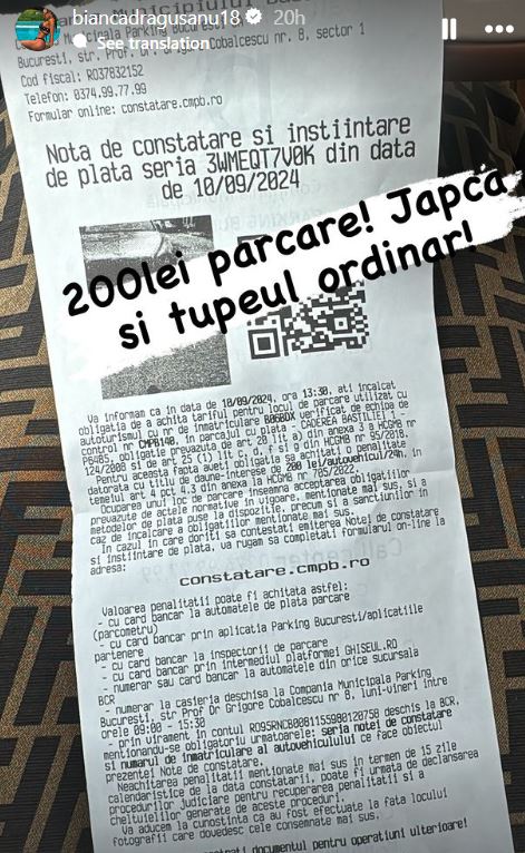 Bianca Drăgușanu și-a ieșit din fire, după ce a primit o amendă de 200 de lei: „Japca și tupeul ordinar!”