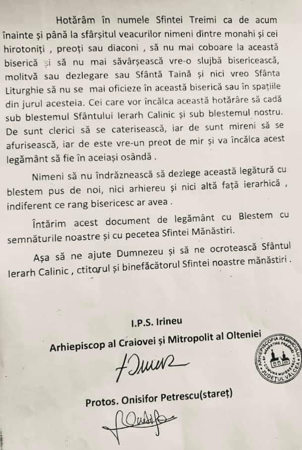 Mitropolitul Irineu al Olteniei blestemă preoții și credincioșii care frecventează o biserică despre care spune că a fost construită pe un loc blestemat. Reacția Patriarhiei