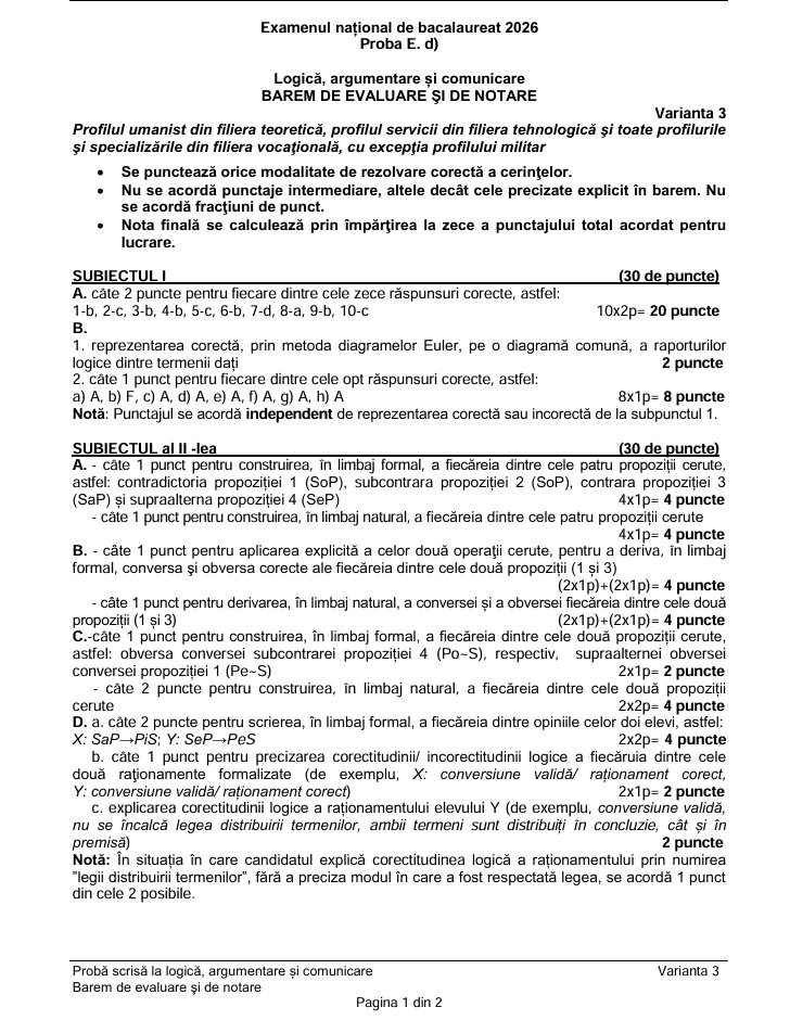 Subiecte BAC Logică 2026. Baremul de corectare a fost publicat