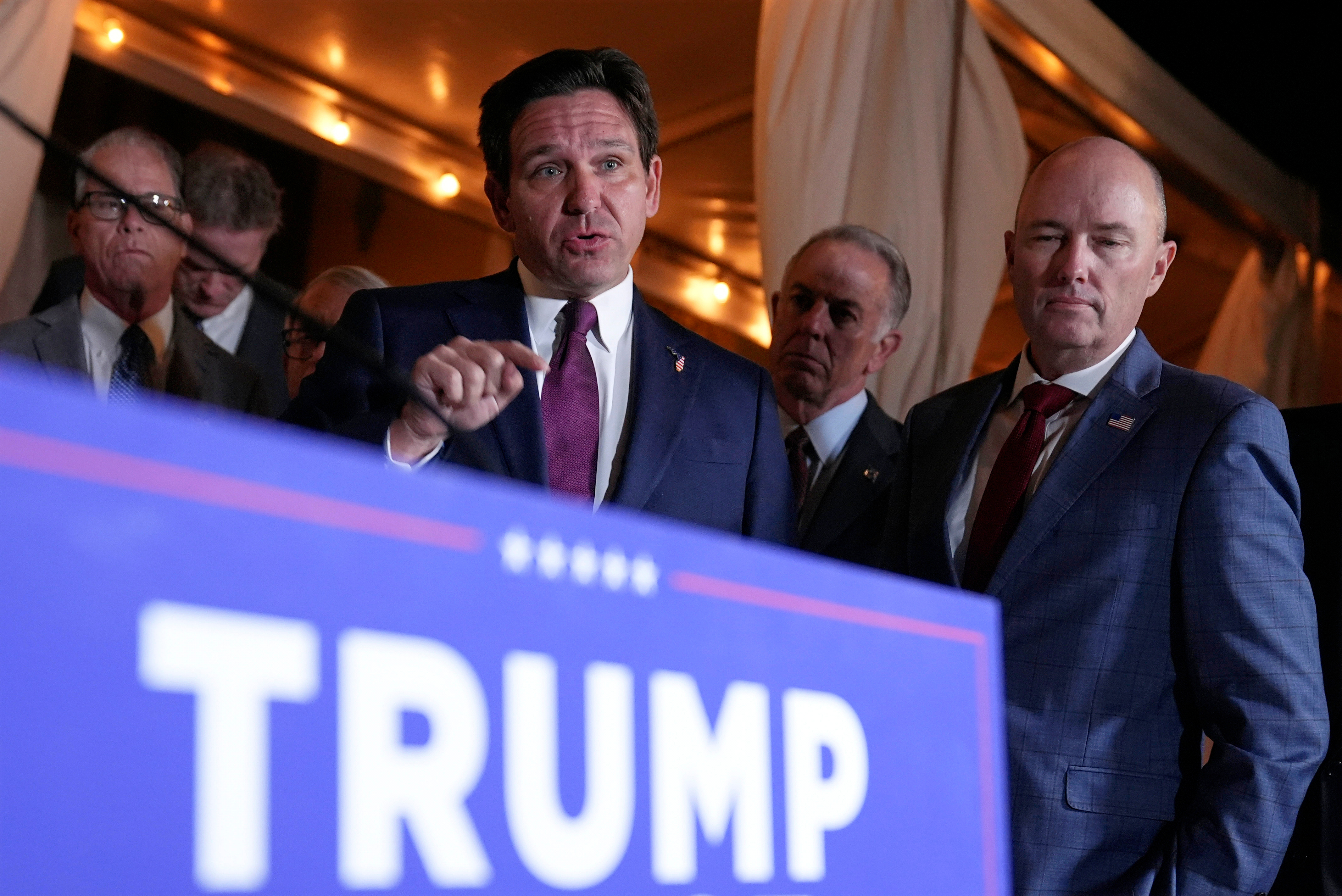 Florida Gov. Ron DeSantis speaks at a meeting with Republican governors and President-elect Donald Trump, at Mar-a-Lago, in Palm Beach, Florida, on Jan. 9, 2025.