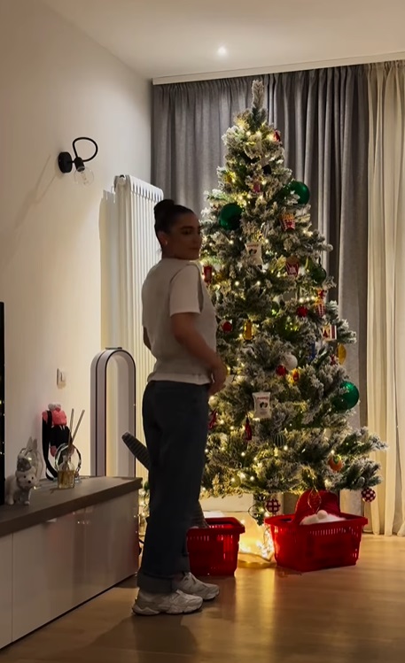 Imagini din sufrageria Alexiei Eram, decorată de Crăciun. Cât costă globurile în formă de cartofi prăjiți, muștar și ketchup pe care le-a pus în brad