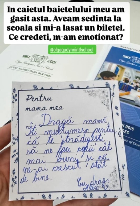 Bilețelul pe care Adela Popescu l-a primit din partea fiului său. Alexandru a emoționat-o până la lacrimi