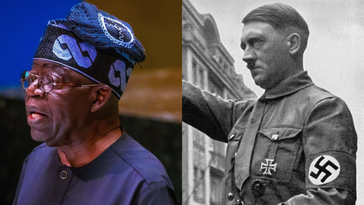 Bola Tinubu donning his iconic cap and Adolf Hitler donning a uniform with the Swastika symbol. [Facebook/Getty Images]