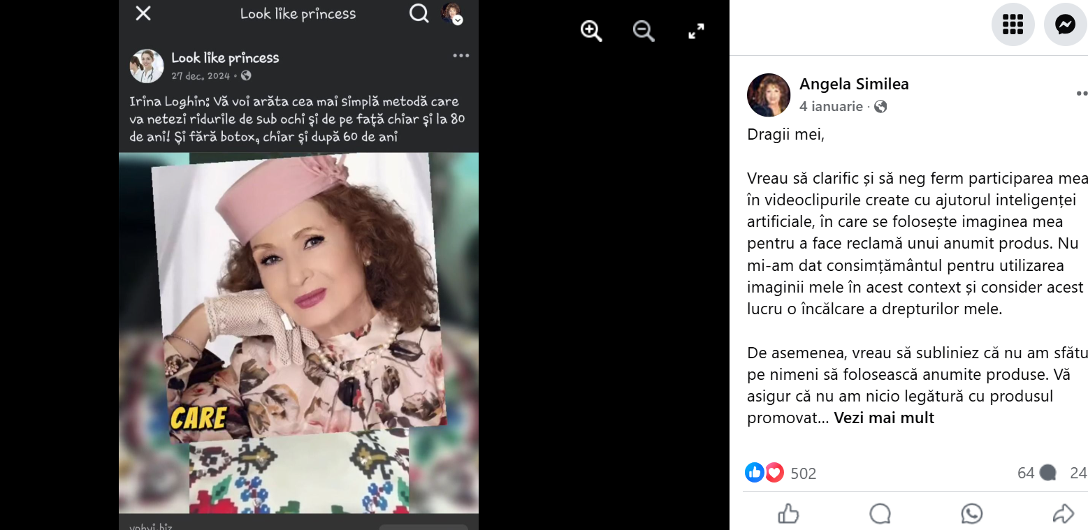 Imaginea Angelei Similea folosită în scop publicitar. Artista reacționează. „Vreau să clarific. Consider acest lucru o încălcare a drepturilor mele”