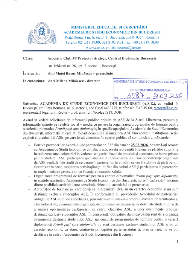 ASE și MAE se distanțează de Centrul Diplomatic București, care dorește să formeze tineri pentru o carieră diplomatică, prin cursuri oferite de Adrian Severin 