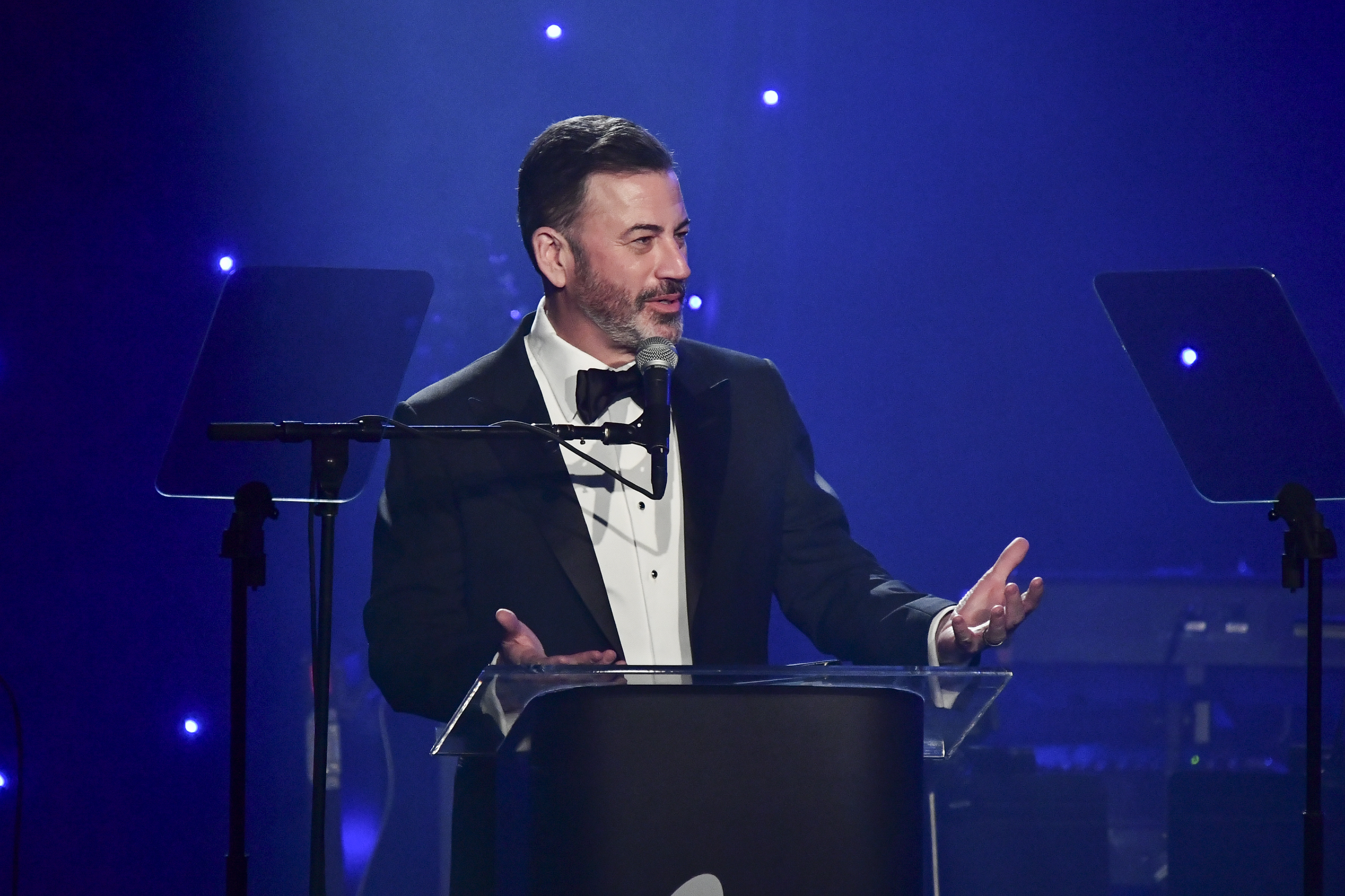 Jimmy Kimmel speaks during the Pre-Grammy Gala on Feb. 1, 2025, at the Beverly Hilton Hotel in Beverly Hills, California.