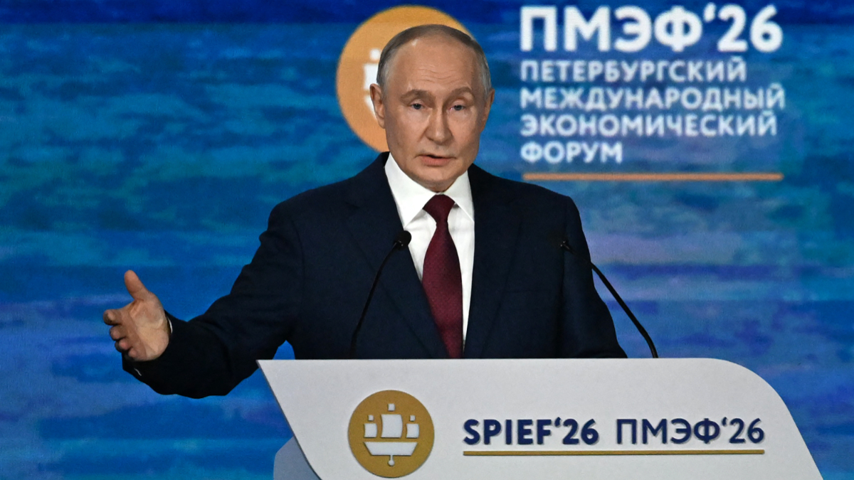 Russian President Vladimir Putin delivers a speech during the plenary session of the St. Petersburg International Economic Forum (SPIEF) in Saint Petersburg on June 5, 2026. [Photo by OLGA MALTSEVA / AFP via Getty Images]
