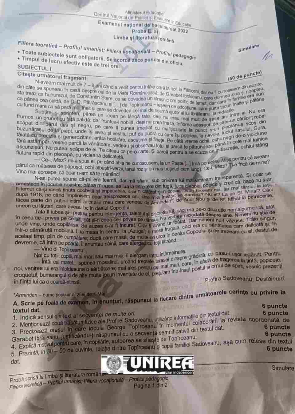 Subiecte Simulare Bac Română 2022 și barem de corectare. Ce a picat la simulare Bac 2022