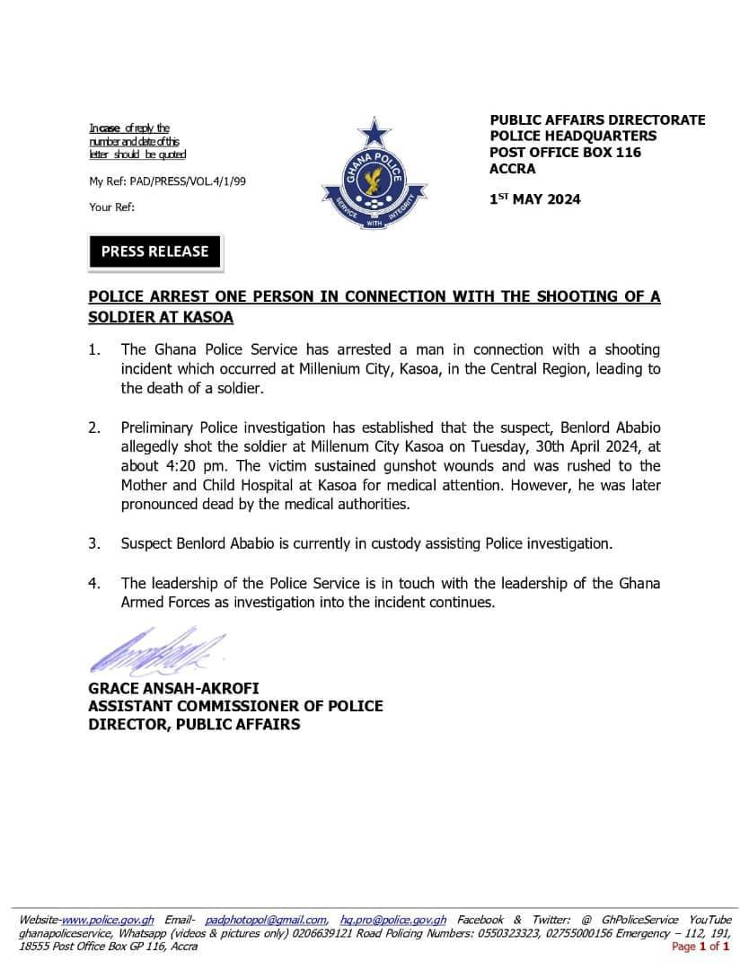 Police arrest 1 person in connection with the shooting of a soldier at Kasoa