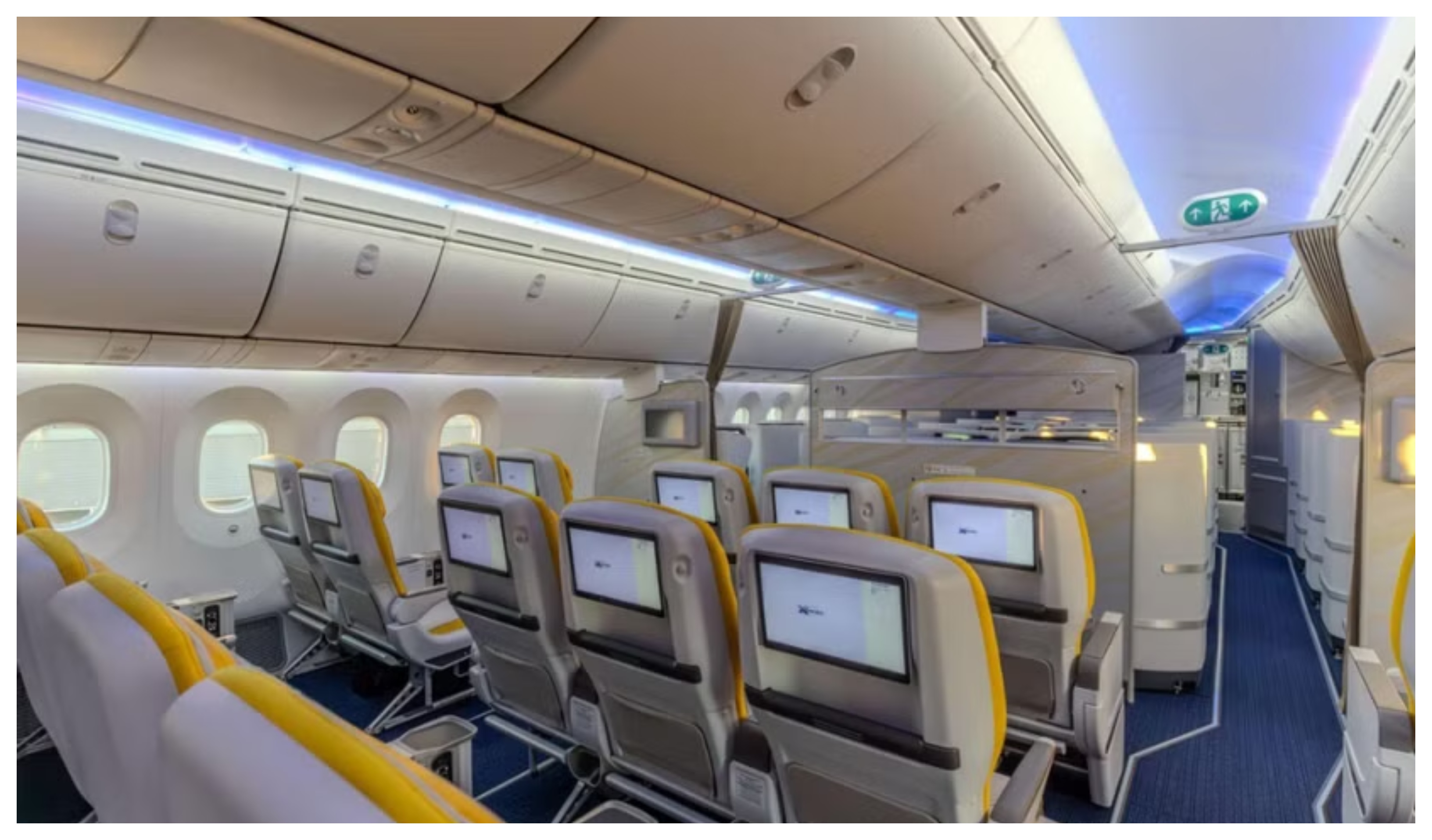 787-9, D2-TER, seats up to 345 passengers in two classes, with 63 premium economy seats and 282 economy seats