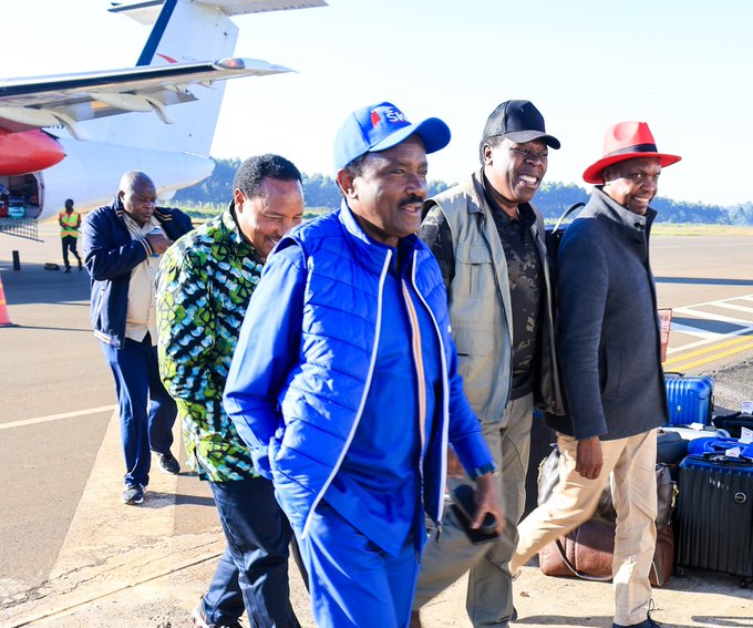Kalonzo Musyoka, Ferdinand Waititu, Eugene Wamalwa and Jeremiah Kioni heading to a church service at Dini ya Roho Mafuta Pole ya Africa sanctuary in West Pokot County on November 3, 2024
