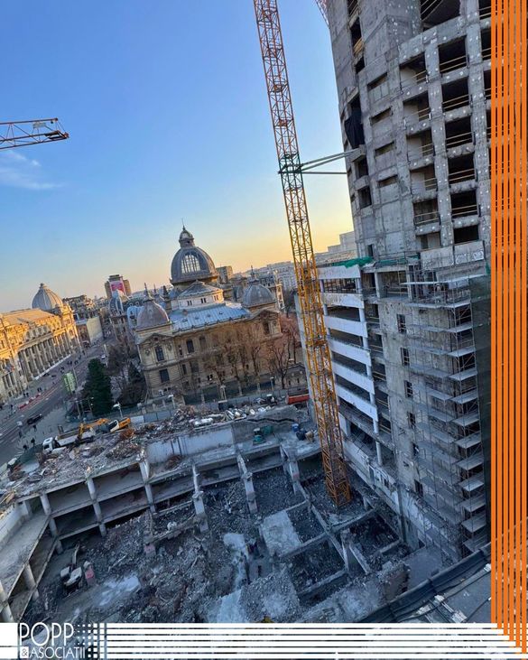 Bancorex, demolat pentru a fi reconstruit: imagini de pe șantierul de pe Calea Victoriei, unde se ridică viitorul AFI Central Tower