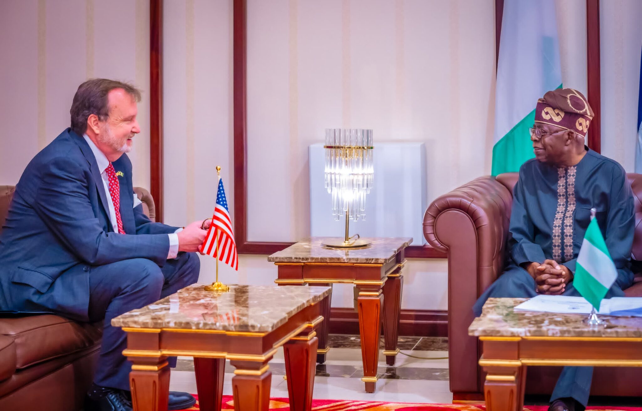 President Bola Tinubu with Mr Richard Mills Jr, newly appointed United States Ambassador to Nigeria at the State House on Thursday [NAN]