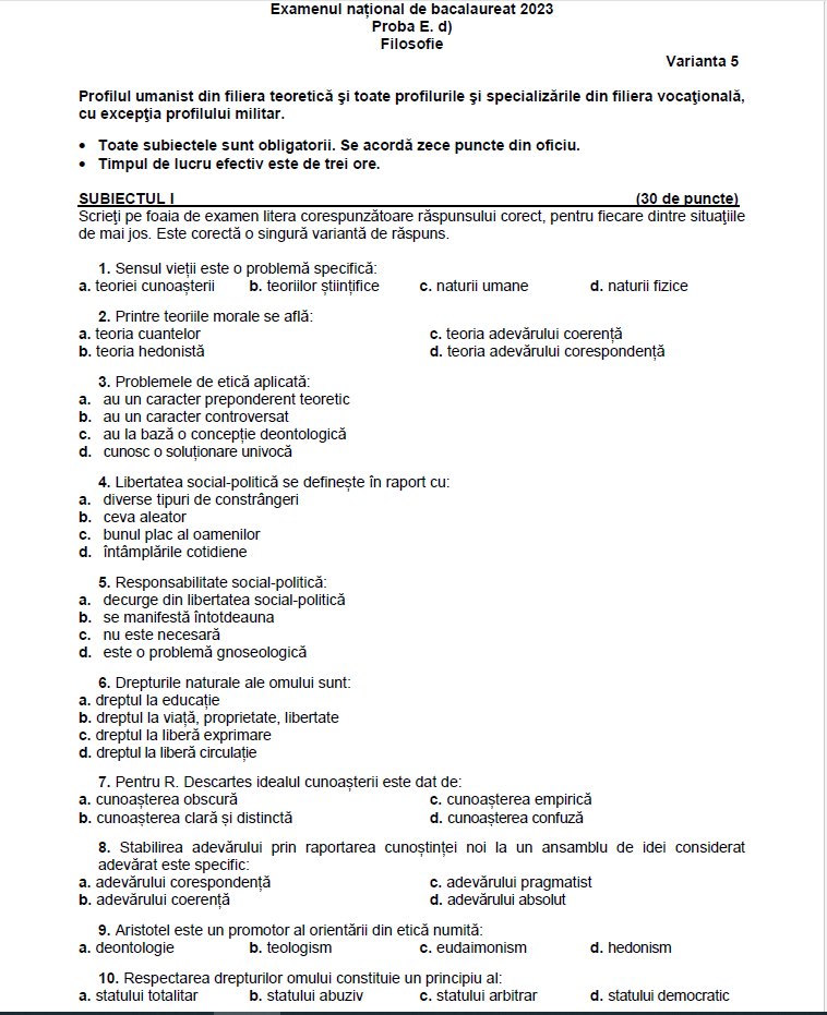 Subiecte filosofie BAC 2023. Ce au avut de rezolvat elevii care au ales să dea Bacul la această materie