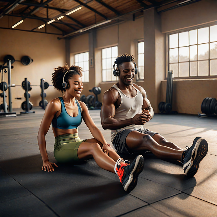 An AI-generated image of couple listening to music while they are training in the gym