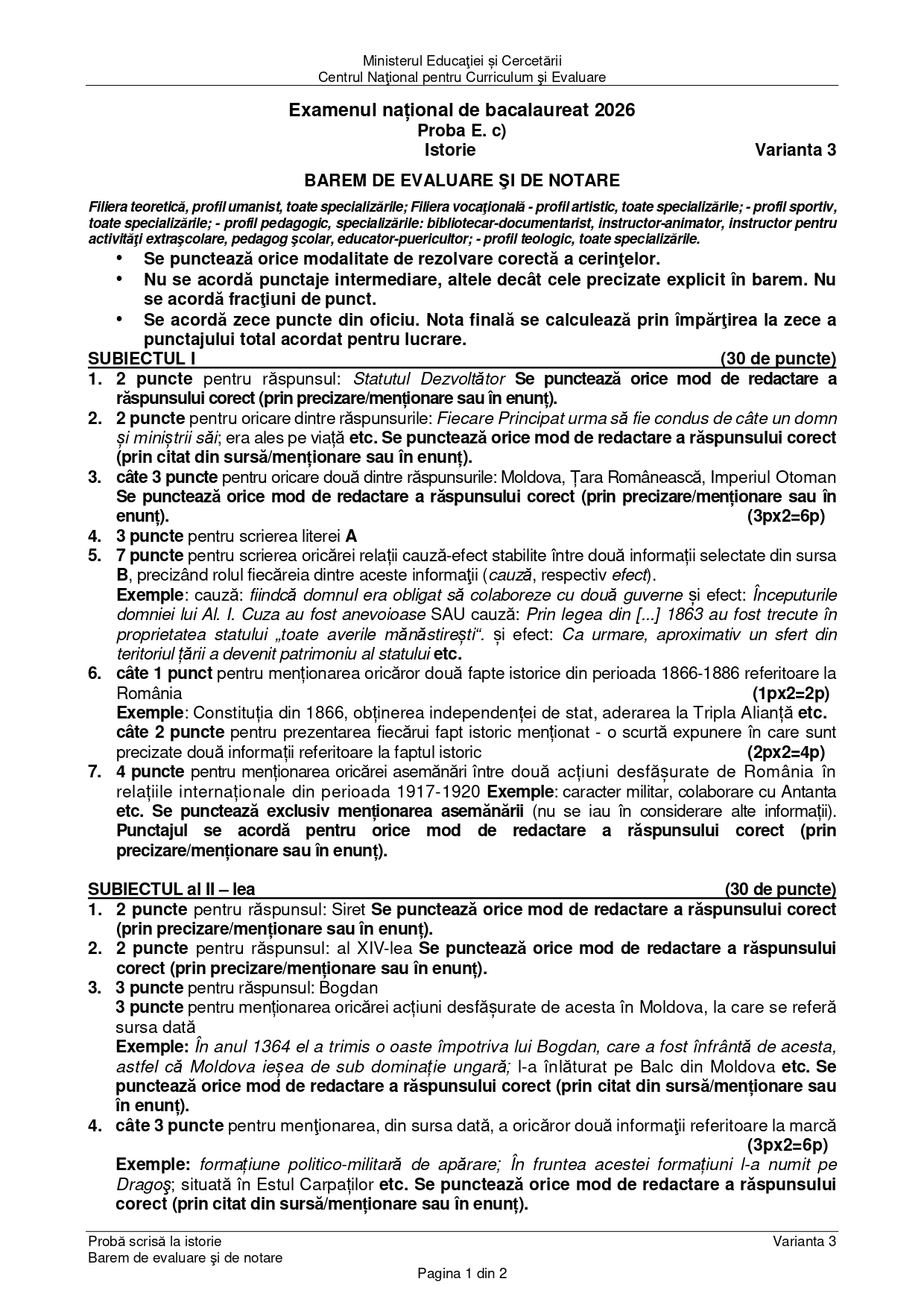 Baremul de corectare la BAC Istorie 2026