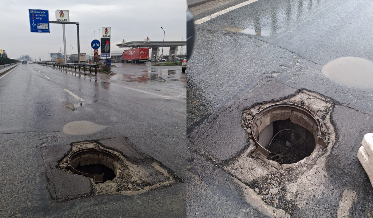 O groapă uriașă a fost lăsată nesemnalizată pe Centura București: „Plătim pentru a ne distruge jantele”