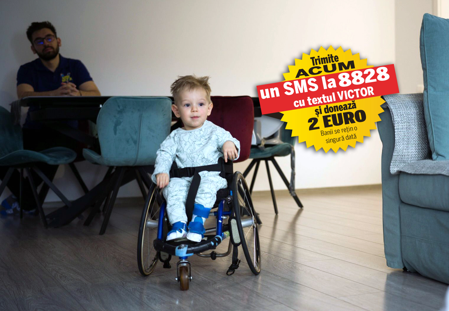 Un tratament genetic adus din SUA îl poate salva pe Victor. Copilul bolnav de amiotrofie spinală musculară și dependent de scaunul cu rotile are nevoie de 2.100.000 de dolari