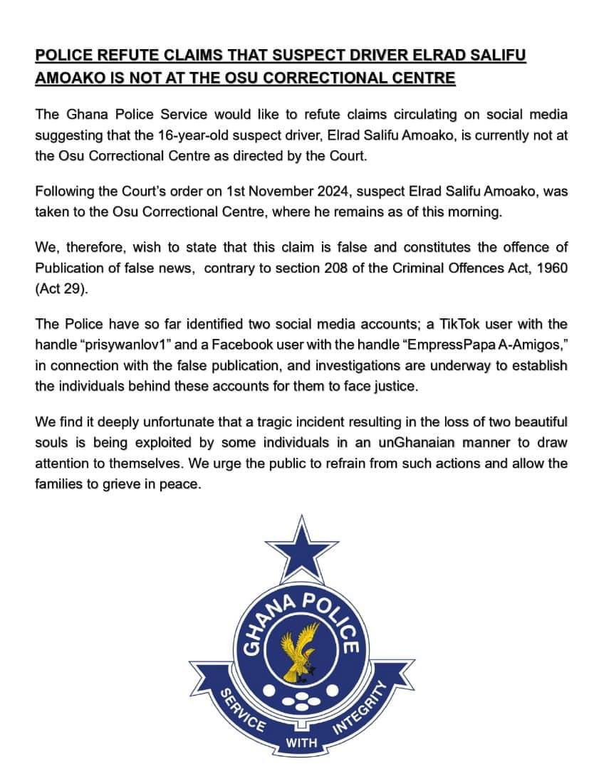 Police refute allegations that Elrad Salifu Amoako is not at the Osu Correctional Centre