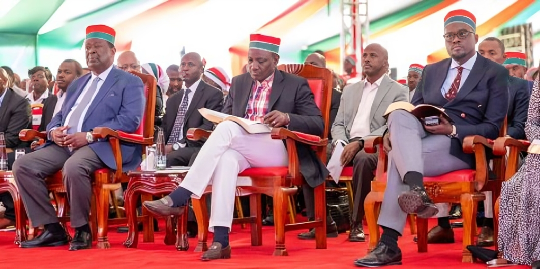 President William Ruto(centre), Prime Cabinet Secretary Musalia Mudavadi(left) and Nairobi Governor Johson Sakaja  at the 76th Anniversary of the African Divine Church in Nairobi on November 3, 2024
