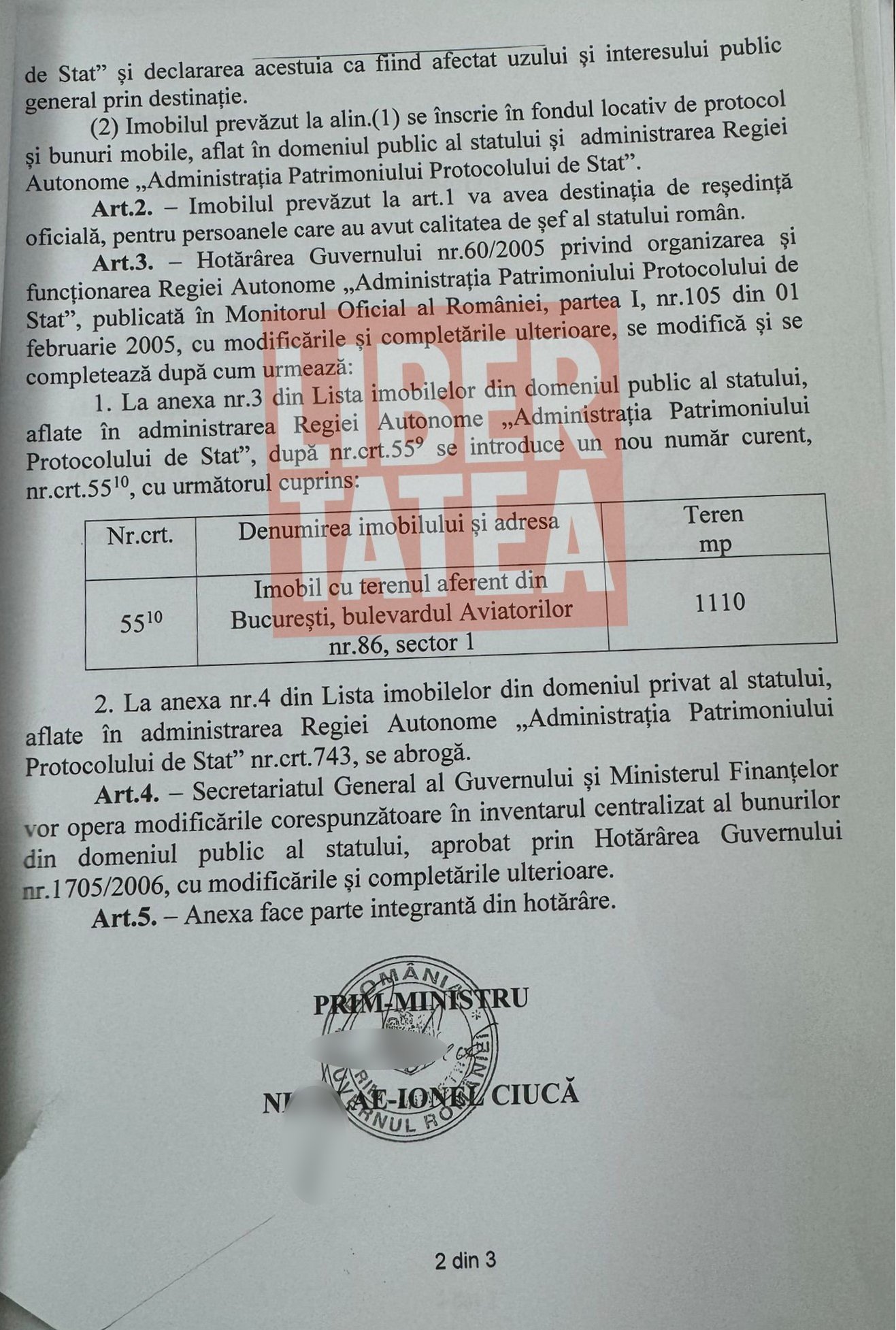 HG-ul semnat de Nicolae Ciucă în 2022 prin care vila din Aviatorilor 86 se atribuie șefilor de stat, desecretizat de Guvern | DOCUMENT
