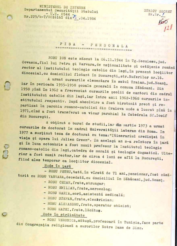 Iată dosarul de securitate al Monseniorului Ioan Robu