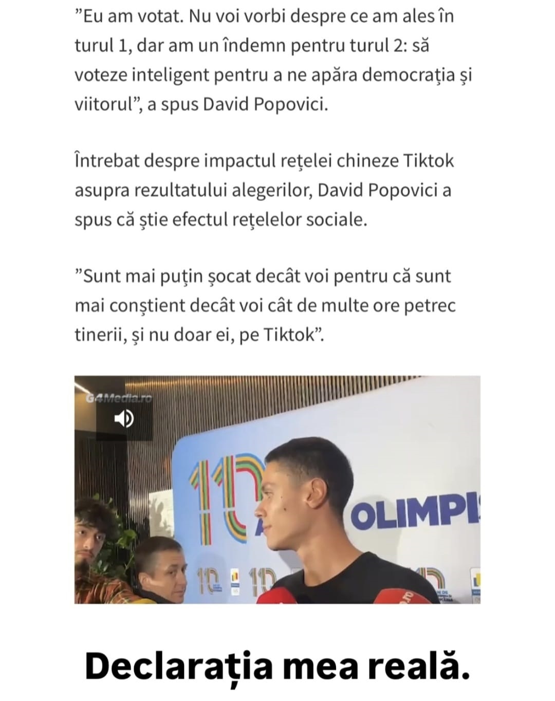 David Popovici, ținta unui fake news: Cum a ajuns pe TikTok „să voteze Călin Georgescu”. Declarația inventată a marelui campion, virală pe net