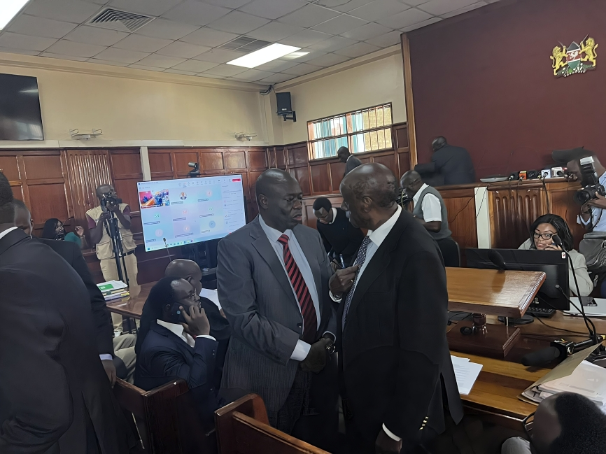 Former Deputy President Rigathi Gachagua at Milimani Law Courts with his lawyer Paul Muite