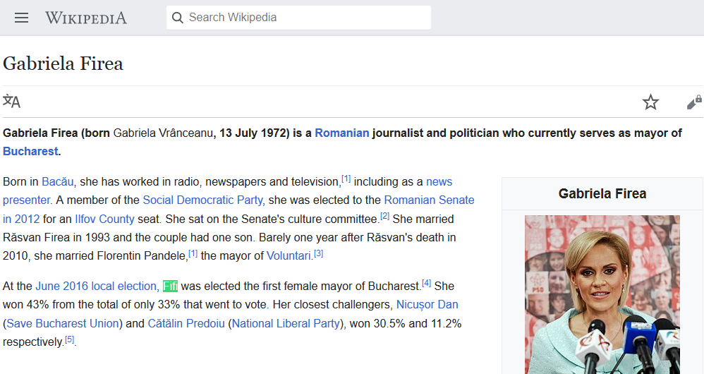 Gabriela Firea a apărut cu porecla "Fifi", pe pagina de Wikipedia în limba engleză (FOTO)
