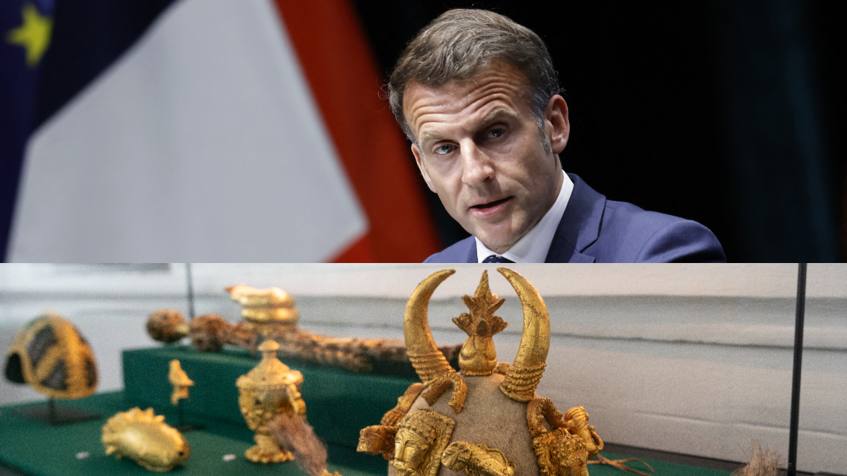 France's President Emmanuel Macron - French lawmakers debate a landmark bill in Paris aimed at fast-tracking the return of African colonial-era artefacts held in national collections. [Ernest Ankomah and AFP via Getty Images]