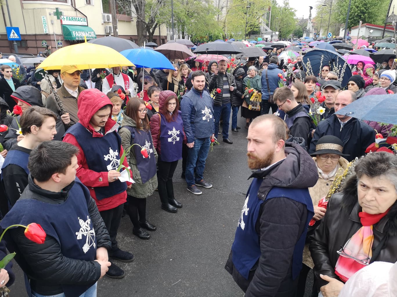 FOTO & VIDEO / Catolicii sărbătoresc azi Floriile. Procesiunea de pe străzile Capitalei s-a desfășurat pe ploaie