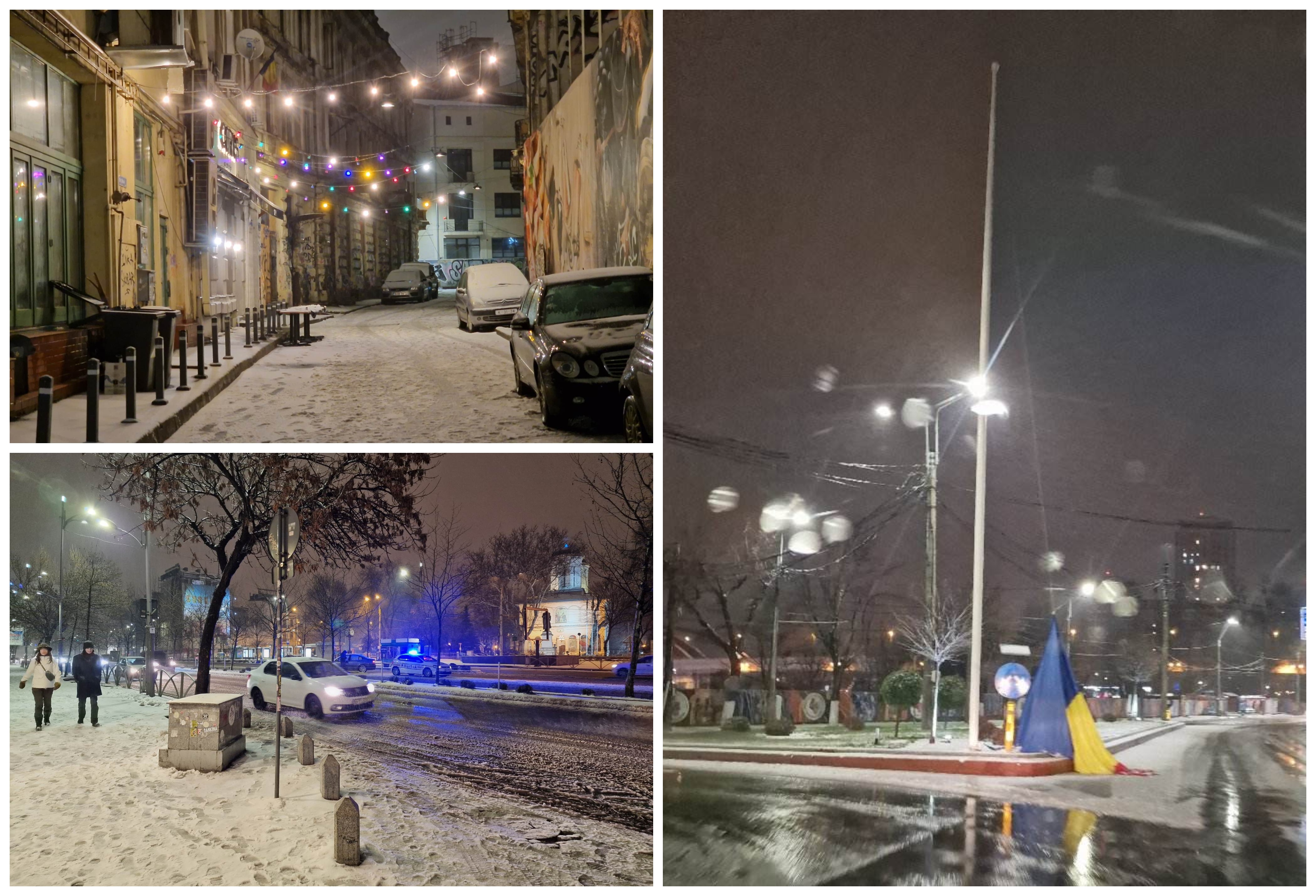 Cum a arătat Bucureștiul în prima noapte din 2023 cu ninsoare serioasă. „Ia uite, a căzut steagul!” | FOTO