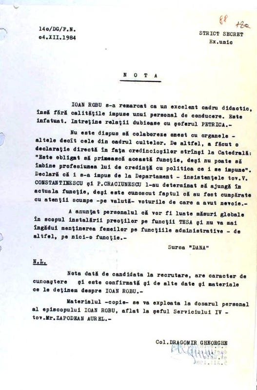 Iată dosarul de securitate al Monseniorului Ioan Robu