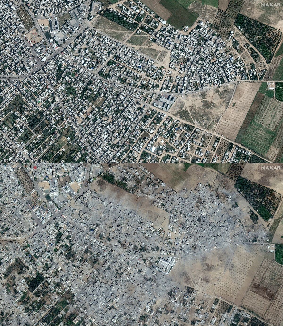 Gaza, înainte și după bombardamentele israeliene care, în trei săptămâni, au distrus cartiere și orașe întregi. VIDEO