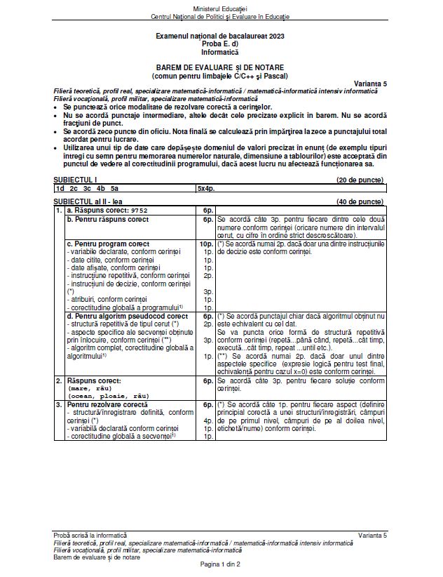 Baremul de corectare pentru proba de Informatică Bacalaureat 2023 a fost publicat de Ministerul Educației. Cum trebuia rezolvată fiecare cerință