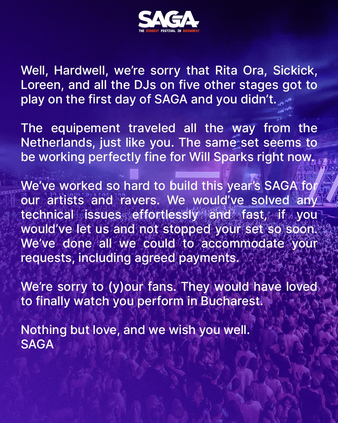 Scandal la SAGA 2024. DJ Hardwell a părăsit scena după 10 minute: „Nu am fost plătit, nu pot presta”. Reacția organizatorilor
