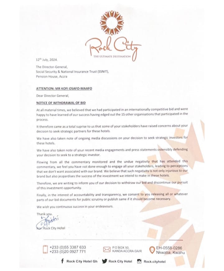 Rock City withdraws bid to purchase 60% shares in SSNIT hotels